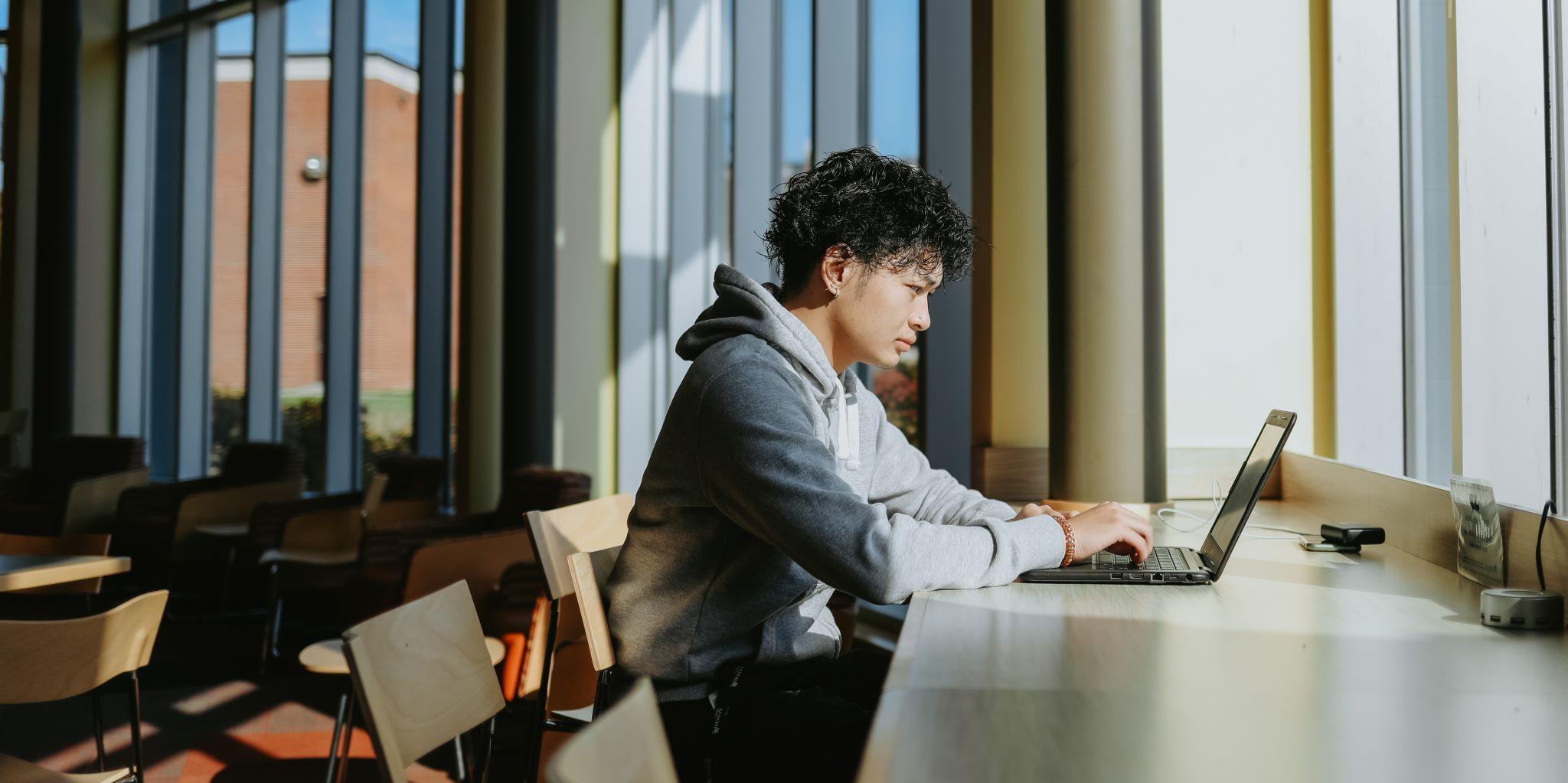一个学生在一个有很多窗户的学习空间里用笔记本电脑工作的侧面视图